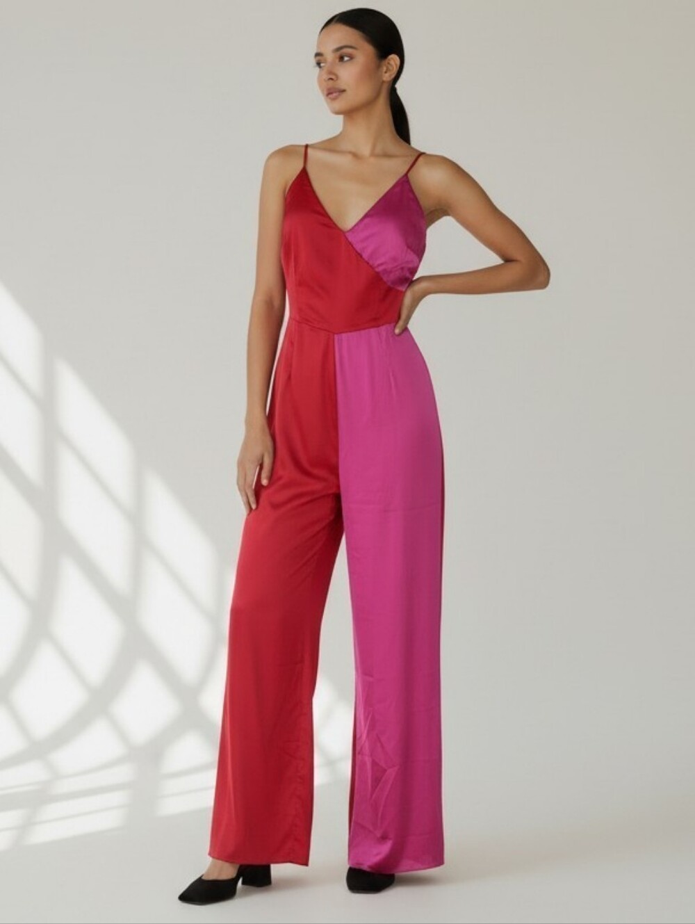 Colorblock Red & Pink Satin Sleeveless Wide-Leg Jumpsuit Misses Size Medium